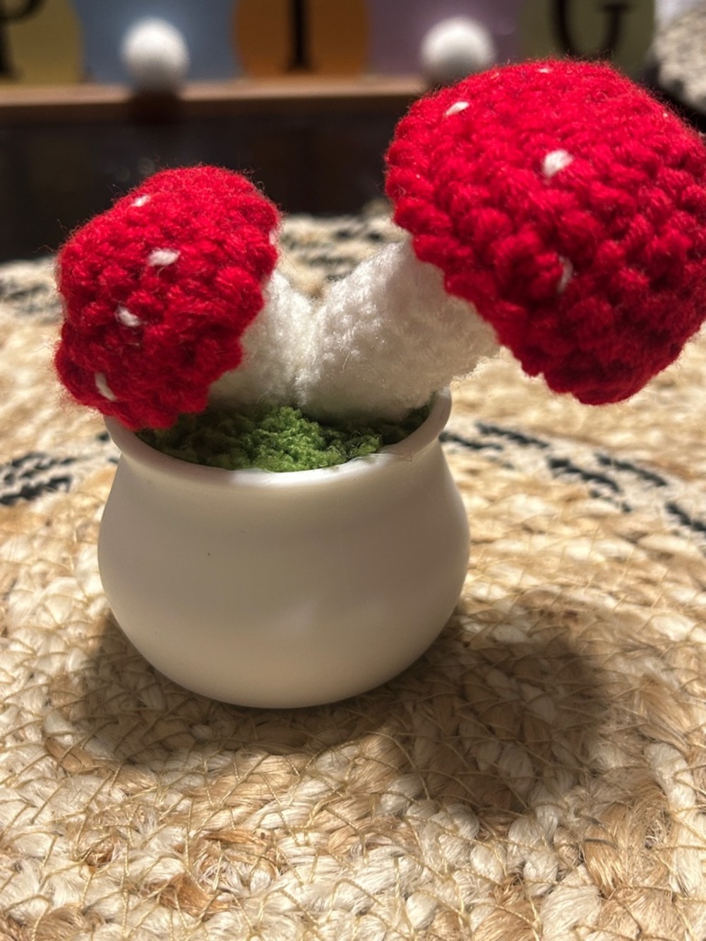 Handmade Red Crochet Mushroom Accent in White Pot - Home Accents